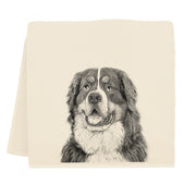 Eric and Christopher tea towel featuring a Bernese Mountain Dog design, crafted for elegance and functionality, made in Bucks County's historic sewing factory.