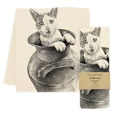 Eric and Christopher tea towel featuring a cat design, crafted from sustainable cotton in a historic factory, perfect for kitchen elegance and functionality.