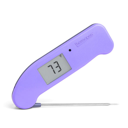 ThermoWorks Thermapen ONE - Purple with a redesigned battery compartment, auto-rotating display, motion-sensing mode, and waterproof case, perfect for precise, fast temperature readings.