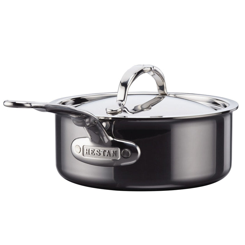 Hestan NanoBond 3qt saucepan with lid, featuring molecular titanium layers for durability, ergonomic handle, and wide base for efficient cooking.