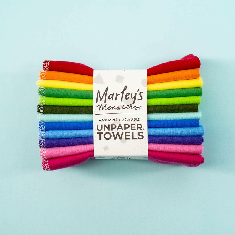 Marley's Monsters UNpaper® Towels - Earthy Rainbow 24 Pack, reusable cotton flannel towels for eco-friendly cleaning, perfect for various kitchen tasks and reducing waste.