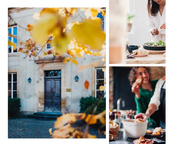 Collage featuring Emile Henry Salt Pig in Burgundy: a light-stone house, hands preparing salad, and two people enjoying pastries in a kitchen setting.