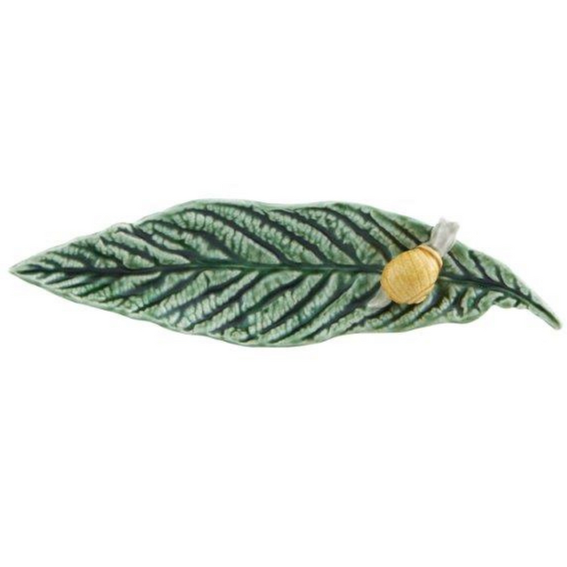 Bordallo Pinheiro | Countryside Leaves Medlar Leaf With Snail: A decorative ceramic plate featuring a detailed snail on a textured leaf, inspired by Portuguese natural motifs.