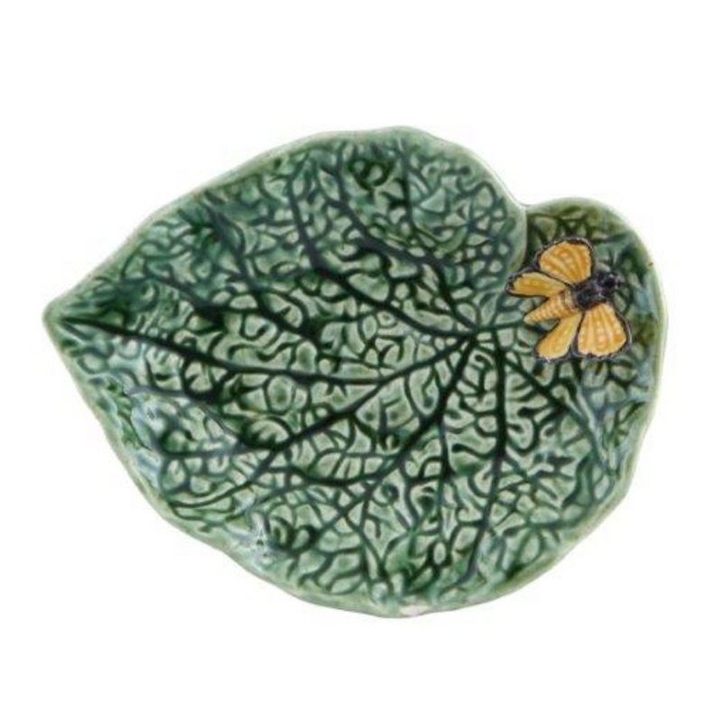 Bordallo Pinheiro | Countryside Leaves Begonia Leaf with Butterfly, showcasing a decorative serving dish featuring a detailed butterfly on a naturalistic leaf design. Set of 2.