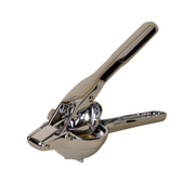 Holcomb Studio | Link Citrus Press, a durable stainless steel juicer with a powerful four-bar linkage and anti-spray shield, designed for efficient lemon and lime pressing.