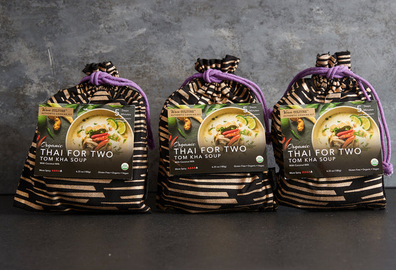 Thai for Two Cooking Kit - Tom Kha Soup, featuring organic ingredients for an authentic Thai experience, ideal for two. Comes with a reusable bag.