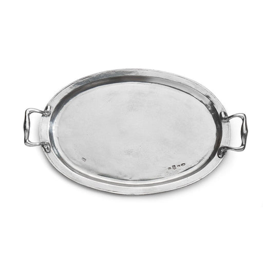 Arte Italica & Crown Linen Designs | Vintage Tray with Handles: An oval Italian pewter serving tray with small handles, showcasing a classic vintage design, handmade in Italy.