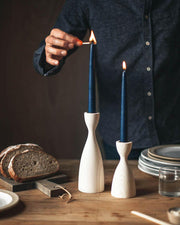 Farmhouse Pottery Pantry Candlesticks in medium natural ash wood, featuring brass inserts, handcrafted for classic elegance and modern design, perfect for any sophisticated table setting.