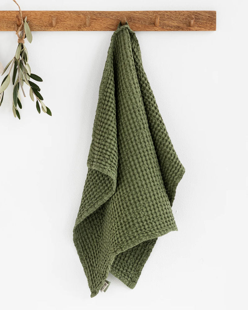 MagicLinen Waffle Kitchen Towels in Dusty Blue, large size, featuring a waffle weave for enhanced absorbency and quick drying, ideal for a well-equipped kitchen.