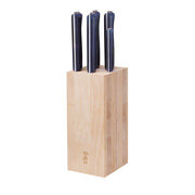 Opinel 5-Slot Beech Wood Knife Block with four dark-handled knives, showcasing simple elegance and secure storage, made from European beech wood with silicone stability pads.