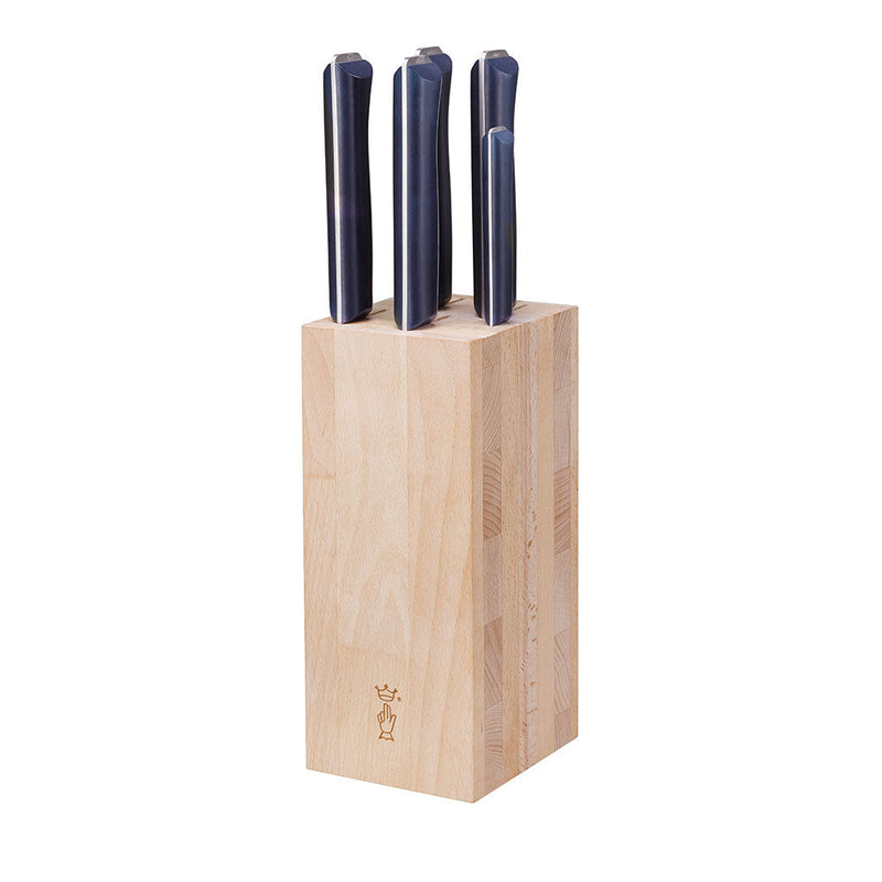 Opinel 5-Slot Beech Wood Knife Block with four dark-handled knives, showcasing simple elegance and secure storage, made from European beech wood with silicone stability pads.