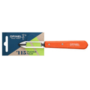 Opinel | Essential Stationary Peeler, Orange: Packaged peeler with orange wooden handle and stationery blade, ideal for chefs, designed for efficient peeling of fruits and vegetables.