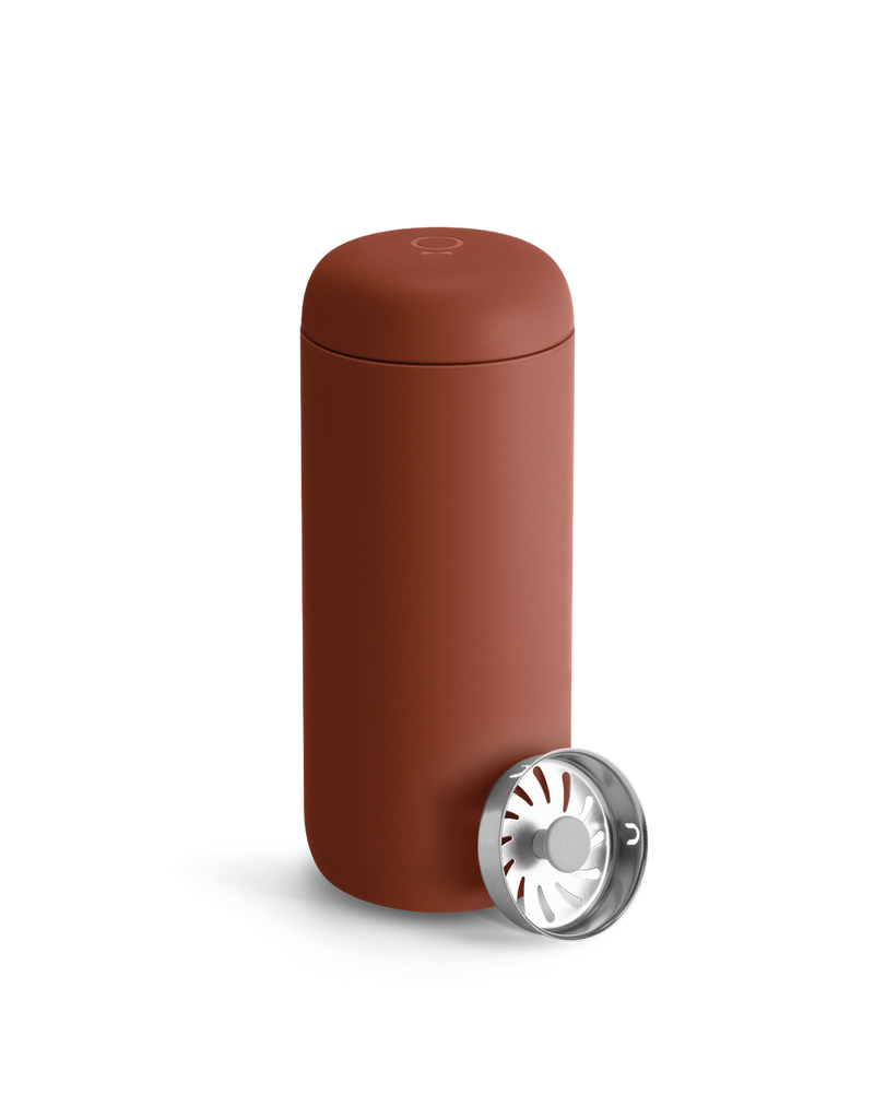 FELLOW | Carter Move Mug, Sienna / 16 oz, with a matte finish and stainless-steel filter, ideal for spill-proof coffee on the go.