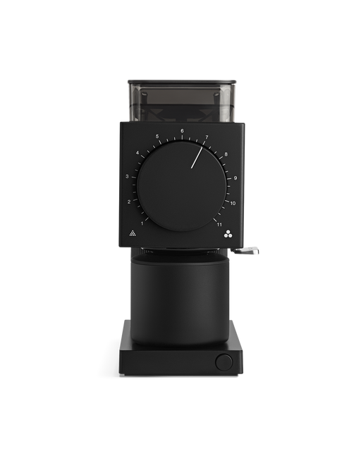 FELLOW | Ode Brew Grinder Gen 2 features a clear bean hopper, grind-size dial, and grounds catcher, designed for precise, mess-free coffee preparation with professional-grade flat burrs.