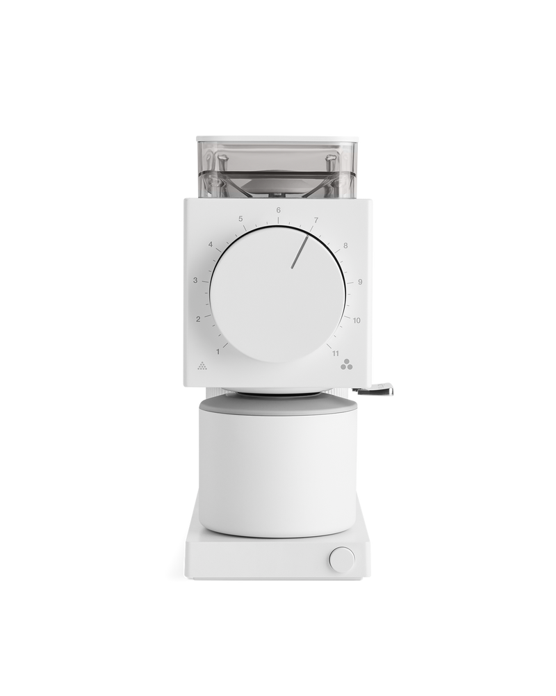 FELLOW | Ode Brew Grinder Gen 2, Matte White: Minimalist electric grinder with adjustable grind settings, clear hopper, large dial, and magnetically aligned catch cup for precise coffee brewing.