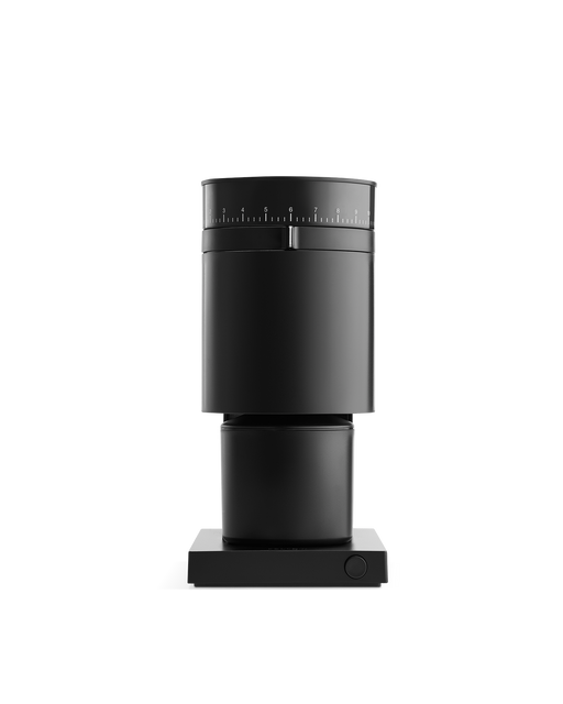 FELLOW | Opus Conical Burr Grinder, Matte Black: A versatile electric coffee grinder with adjustable grind-size dial, designed for various brewing styles, featuring a mess-reducing catch cup.