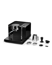 FELLOW | Espresso Series 1, Black, with barista accessories: portafilter, tamper, milk-pitcher, filter baskets, dosing funnel, and steam wand for home espresso brewing.