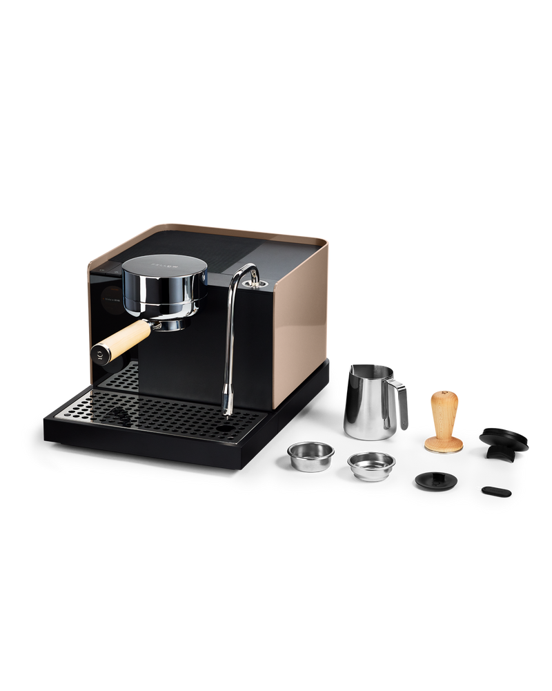 FELLOW | Espresso Series 1, Malted Chocolate + Maple, semi-automatic machine with accessories for professional home espresso, showcased at Athens Cooks.