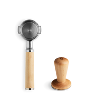 FELLOW | Espresso Series 1: Stainless-steel portafilter and wooden-handled tamper for precise, professional-level espresso making at home, available at Athens Cooks.