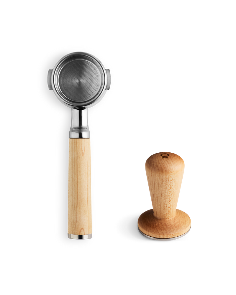 FELLOW | Espresso Series 1: Stainless-steel portafilter and wooden-handled tamper for precise, professional-level espresso making at home, available at Athens Cooks.