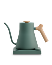 FELLOW | Stagg EKG Pro Electric Kettle, Smoke Green w/ Maple features a sleek gooseneck design and wood accents, perfect for precision pour-over coffee brewing.