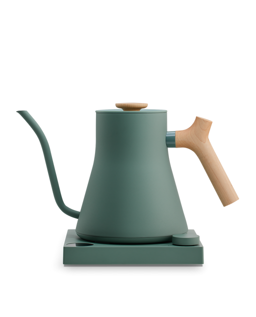 FELLOW | Stagg EKG Pro Electric Kettle, Smoke Green w/ Maple features a sleek gooseneck design and wood accents, perfect for precision pour-over coffee brewing.
