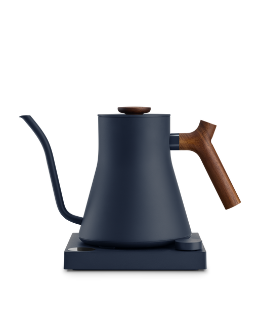 FELLOW | Stagg EKG Pro Electric Kettle, Stone Blue w/ Walnut. Features a precision spout, wooden accents, and a temperature-control base, ideal for pour-over coffee.