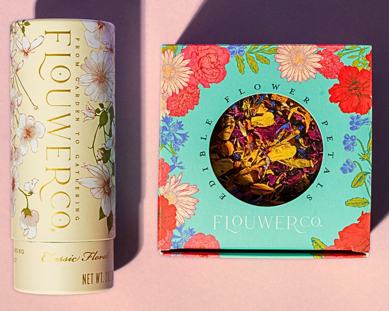 Flouwer Co. Floral Garnishing Salt in eco-friendly packaging, featuring a blend of sea salt, edible flower petals, and herbs, enhancing dishes with a gourmet touch.