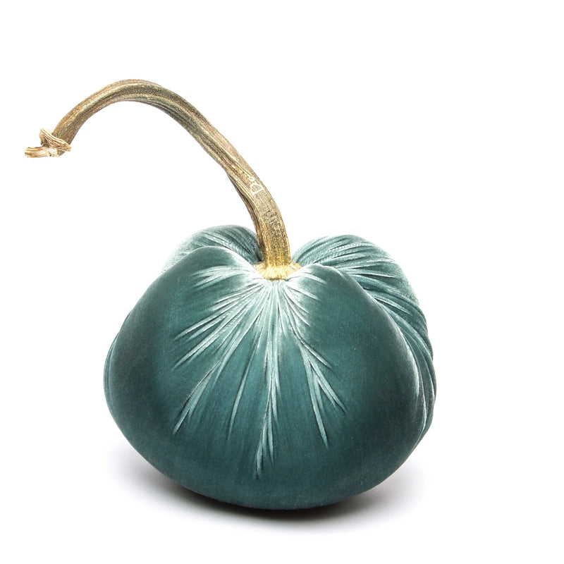Close-up of Hot Skwash Silk Velvet Pumpkin, featuring a unique, naturally sourced stem, handcrafted by artisans. Elegantly signed by creator Daria, perfect for sophisticated decor.