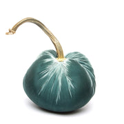 Hot Skwash | Silk Velvet Pumpkins - Wedgwood 3 Inches: A handcrafted, luxurious velvet pumpkin with a unique, naturally sourced stem, signed by creator Daria, enhancing home decor elegance.