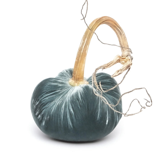 Hot Skwash | Silk Velvet Pumpkins - Wedgwood 3 Inches - featuring a close-up of a handcrafted pumpkin with a distinct, naturally sourced stem for elegant decor.