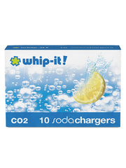 Whip-it! CO2 Soda Chargers, depicted with a lemon slice in water, enhance drinks with pure carbonation, perfect for culinary professionals and home enthusiasts.