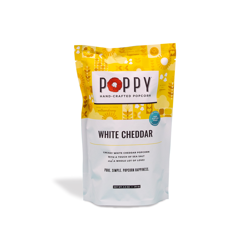 Poppy | Handcrafted Popcorns - White Cheddar, showcasing a bag of gluten-free popcorn with text and logo, perfect for snacking and movie nights.