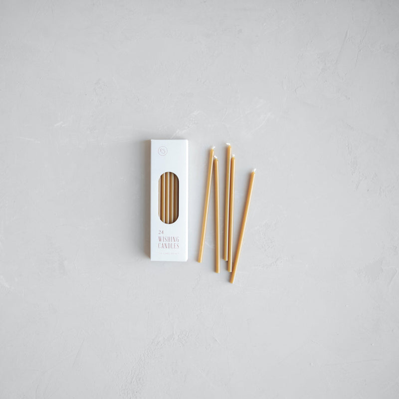 The Floral Society | Wishing Candles, Miel: Slim white box with 24 beeswax-colored taper candles, ideal for elevating everyday moments or celebrations.