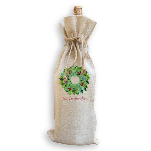 French Graffiti | Wreath with Berries Wine Bag: A close-up of the natural linen wine bag with a jute drawstring, showcasing its rustic elegance and eco-friendly design.