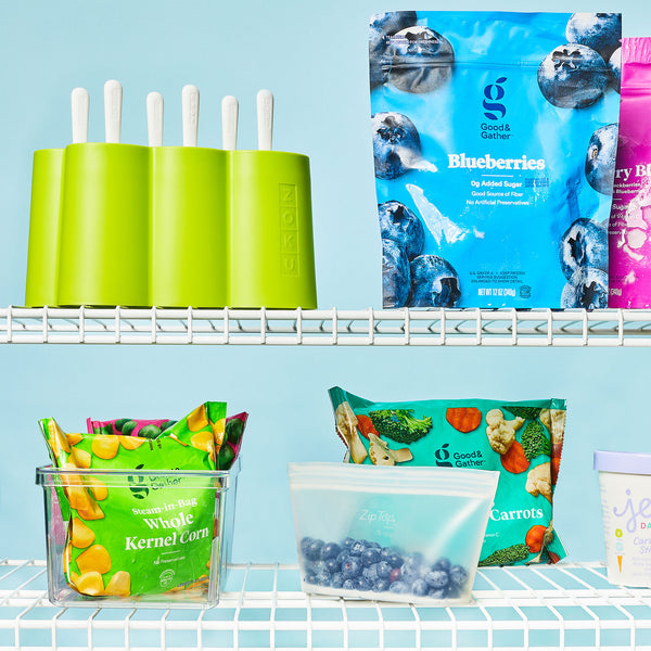 Zoku Classic Pop Mold on a shelf with various food items, emphasizing its utility in creating homemade frozen treats.