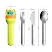 Zoku Dino Kids Pocket Utensil Set featuring a measuring scale spoon and fork, ideal for young diners.
