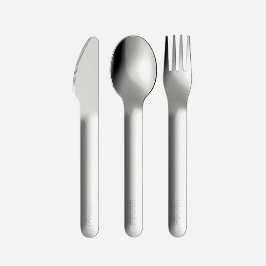 Zoku | Kids Pocket Utensils - Shark, a nested set of stainless steel spoon, fork, and knife in a slim travel case, ideal for kids' lunches.