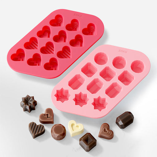 Zoku | Heart & Gem Chocolate Mold trays with heart and geometric shapes, showcasing molded chocolates, ideal for creative cooking projects from Athens Cooks.
