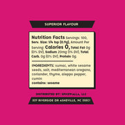 Spicewalla | Za'atar label showing nutrition facts, ingredients like sumac and cumin, and usage suggestion for roasted vegetables or flatbread. Distributed by Spicewalla in Asheville.