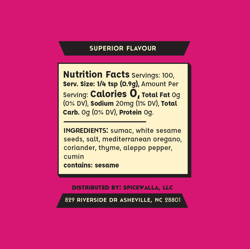 Spicewalla | Za'atar label showing nutrition facts, ingredients like sumac and cumin, and usage suggestion for roasted vegetables or flatbread. Distributed by Spicewalla in Asheville.