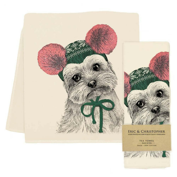 Eric & Christopher - Yorkie with Pom Poms Tea Towel.