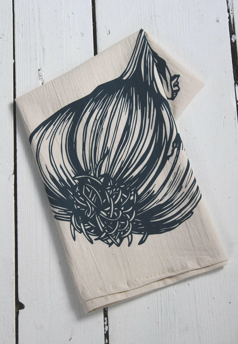 Hearth and Harrow | Organic Cotton Garlic Tea Towel, featuring a screen-printed garlic design, eco-friendly ink, and organic tag, perfect for stylish, sustainable kitchen use.
