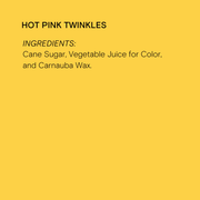 Supernatural - Twinkles Sanding Sugar: Hot Pink, shown with ingredients list, ideal for baking and decorating, featuring non-GMO sugar, beet color, and vegan-friendly composition.