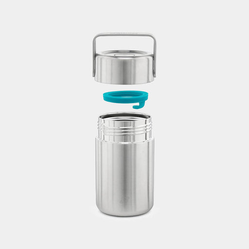 PlanetBox - Insulated Container: Exploded view showing stainless-steel body, turquoise silicone gasket, and lid with handle, highlighting leakproof, temperature-retaining features.