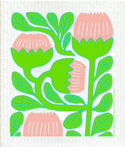 Bespoke Provisions - Modern Tulip Swedish Dishcloth featuring a whimsical floral illustration, ideal for cleaning tasks. Biodegradable, made from cotton and cellulose.