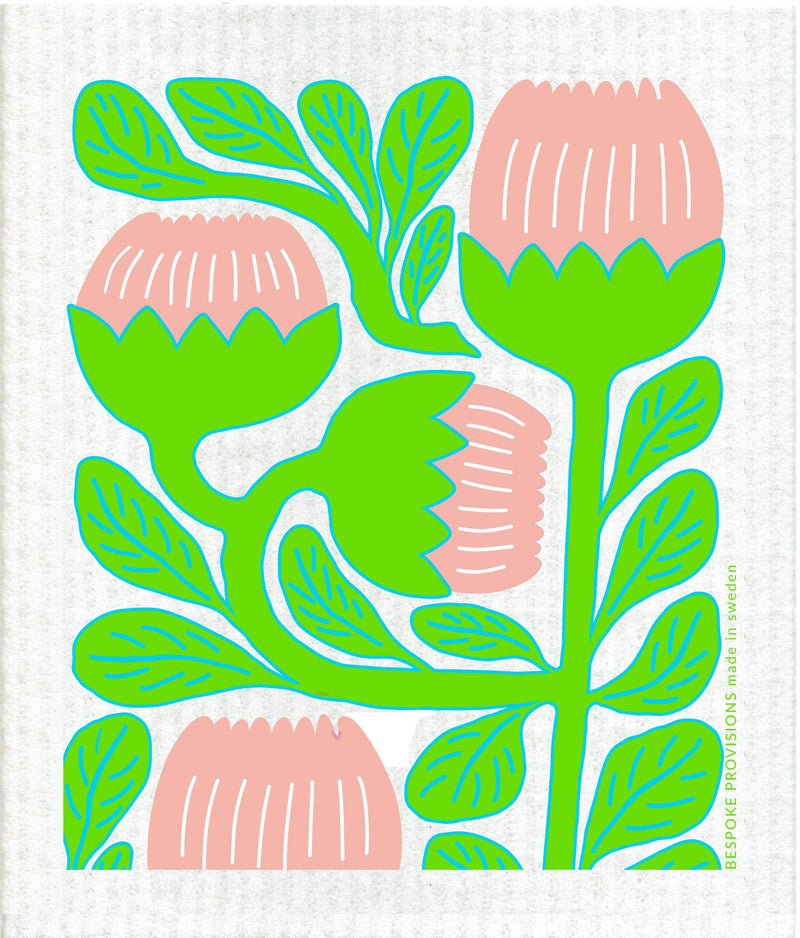 Bespoke Provisions - Modern Tulip Swedish Dishcloth featuring a whimsical floral illustration, ideal for cleaning tasks. Biodegradable, made from cotton and cellulose.