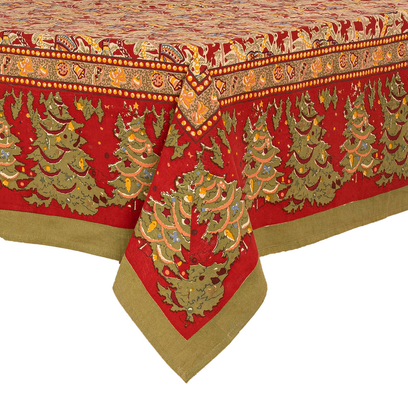 Couleur Nature - Noel Red & Green French Tablecloth: 71 x 71 features handprinted Christmas trees on red linen with olive-green border, crafted by artisans in Jaipur.