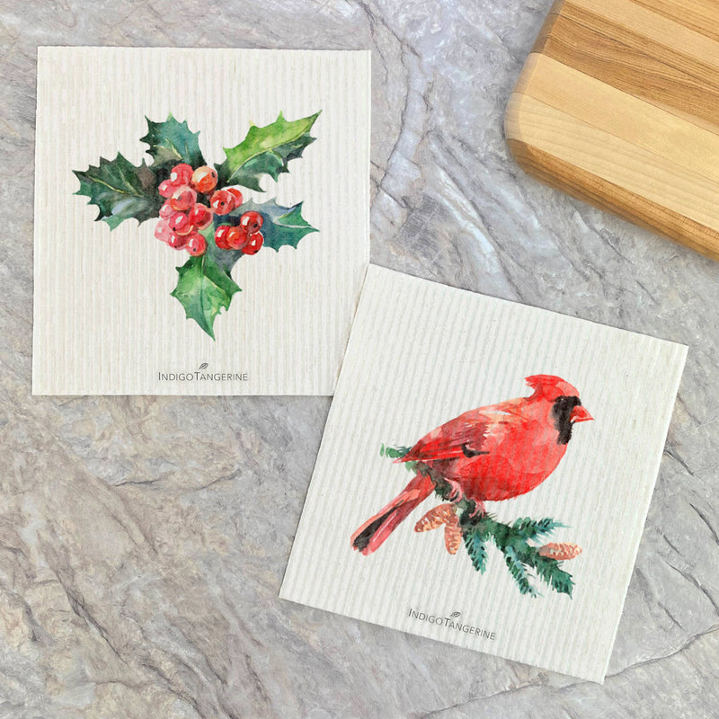 Three Bluebirds Swedish Dishcloths | Winter Wreath Swedish Dishcloth