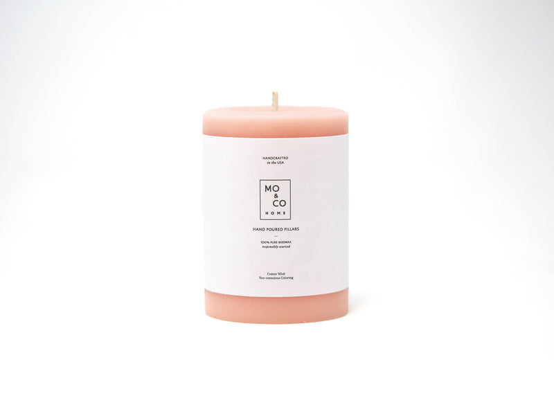 Mo&Co Home - 100% Beeswax Pillar Candles | Rose Pink: 3x4 Inch, hand-poured, eco-friendly, featuring a white label, ideal for home decor and special occasions.